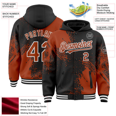 Custom Black Texas Orange-White Abstract Brush Stroke 3D Pattern Design Bomber Full-Snap Varsity Letterman Hoodie Jacket