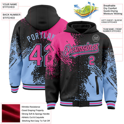 Custom Black Pink-Light Blue Abstract Brush Stroke 3D Pattern Design Bomber Full-Snap Varsity Letterman Hoodie Jacket