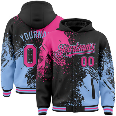 Custom Black Pink-Light Blue Abstract Brush Stroke 3D Pattern Design Bomber Full-Snap Varsity Letterman Hoodie Jacket