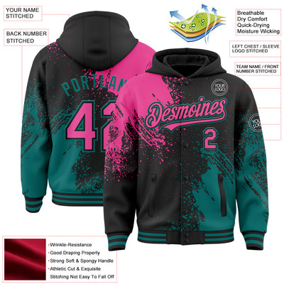 Custom Black Pink-Teal Abstract Brush Stroke 3D Pattern Design Bomber Full-Snap Varsity Letterman Hoodie Jacket