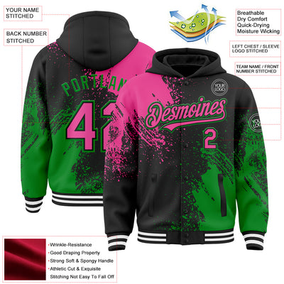 Custom Black Pink Grass Green-White Abstract Brush Stroke 3D Pattern Design Bomber Full-Snap Varsity Letterman Hoodie Jacket