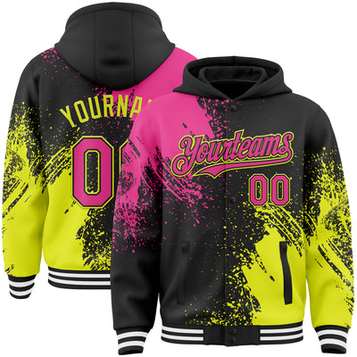 Custom Black Pink Neon Yellow-White Abstract Brush Stroke 3D Pattern Design Bomber Full-Snap Varsity Letterman Hoodie Jacket