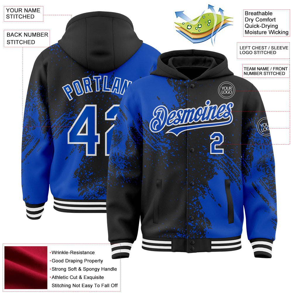 Custom Black Thunder Blue-White Abstract Brush Stroke 3D Pattern Design Bomber Full-Snap Varsity Letterman Hoodie Jacket
