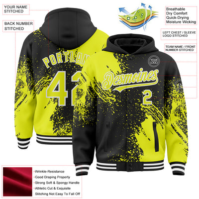 Custom Black Neon Yellow-White Abstract Brush Stroke 3D Pattern Design Bomber Full-Snap Varsity Letterman Hoodie Jacket