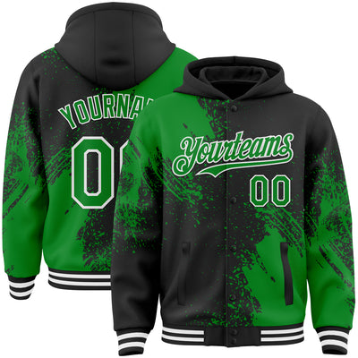 Custom Black Grass Green-White Abstract Brush Stroke 3D Pattern Design Bomber Full-Snap Varsity Letterman Hoodie Jacket