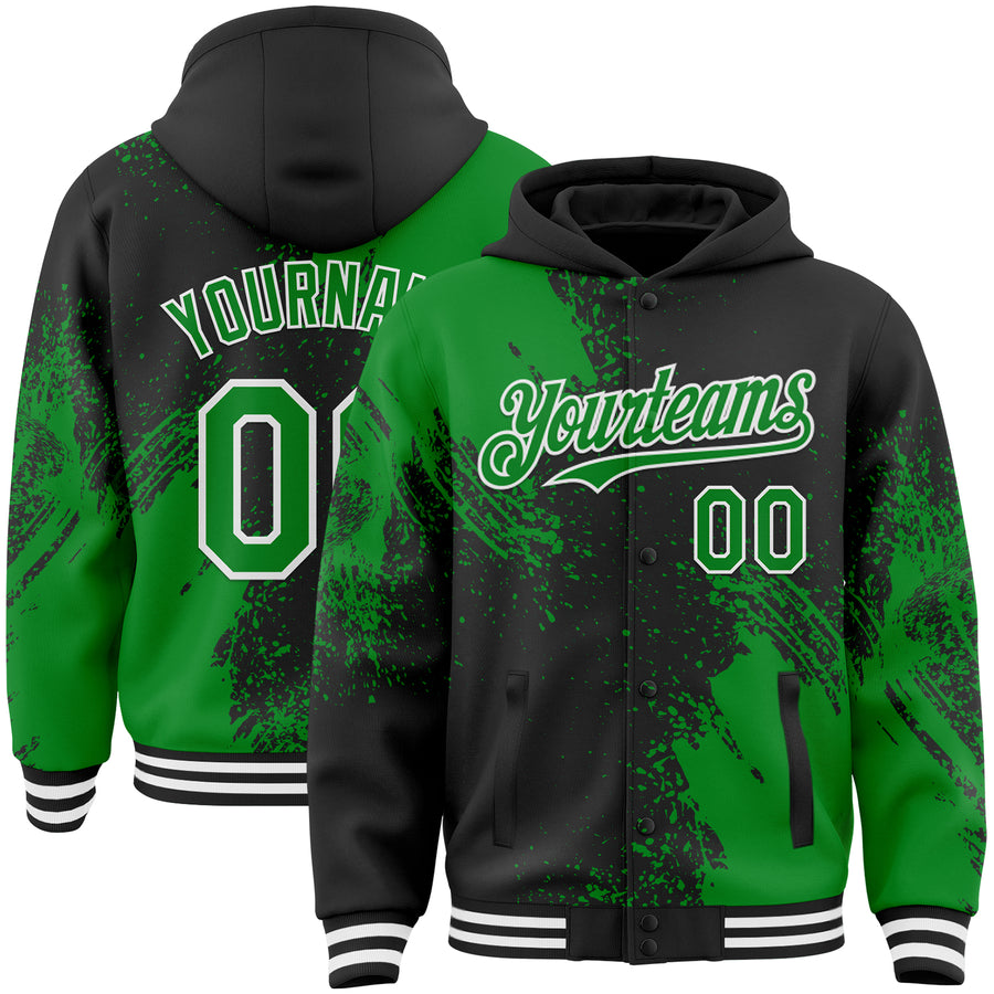 Custom Black Grass Green-White Abstract Brush Stroke 3D Pattern Design Bomber Full-Snap Varsity Letterman Hoodie Jacket
