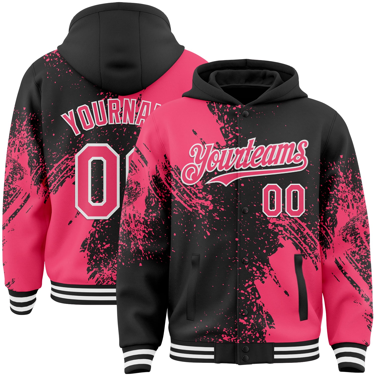 Custom Black Neon Pink-White Abstract Brush Stroke 3D Pattern Design Bomber Full-Snap Varsity Letterman Hoodie Jacket
