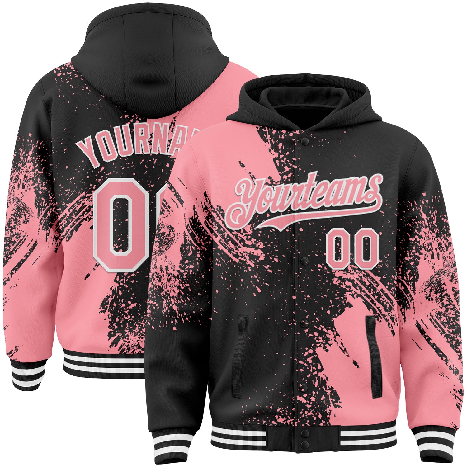 Custom Black Medium Pink-White Abstract Brush Stroke 3D Pattern Design Bomber Full-Snap Varsity Letterman Hoodie Jacket