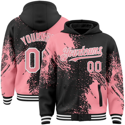 Custom Black Medium Pink-White Abstract Brush Stroke 3D Pattern Design Bomber Full-Snap Varsity Letterman Hoodie Jacket