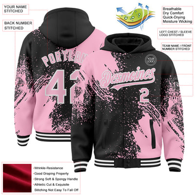 Custom Black Light Pink-White Abstract Brush Stroke 3D Pattern Design Bomber Full-Snap Varsity Letterman Hoodie Jacket