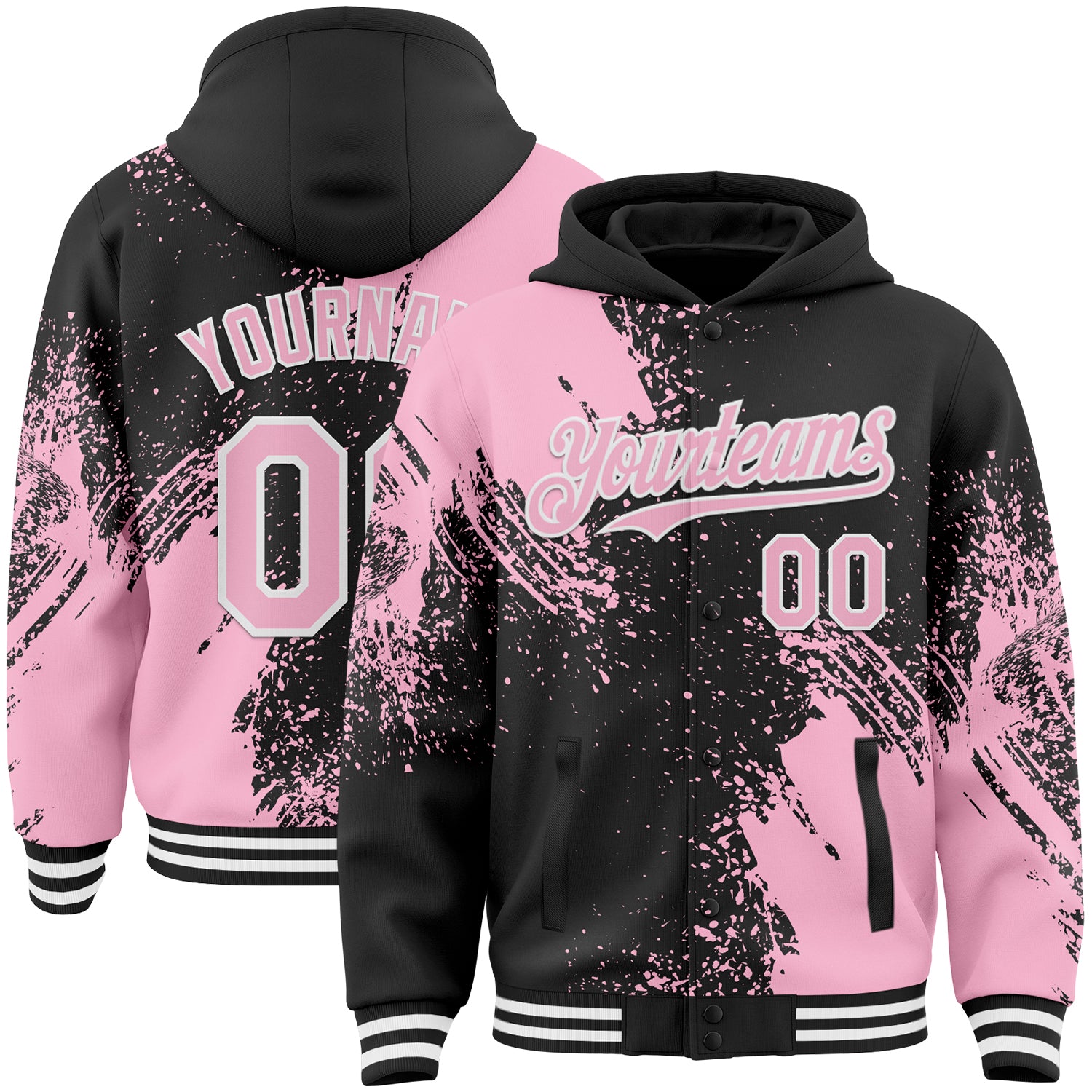 Custom Black Light Pink-White Abstract Brush Stroke 3D Pattern Design Bomber Full-Snap Varsity Letterman Hoodie Jacket