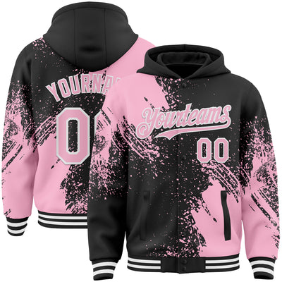 Custom Black Light Pink-White Abstract Brush Stroke 3D Pattern Design Bomber Full-Snap Varsity Letterman Hoodie Jacket