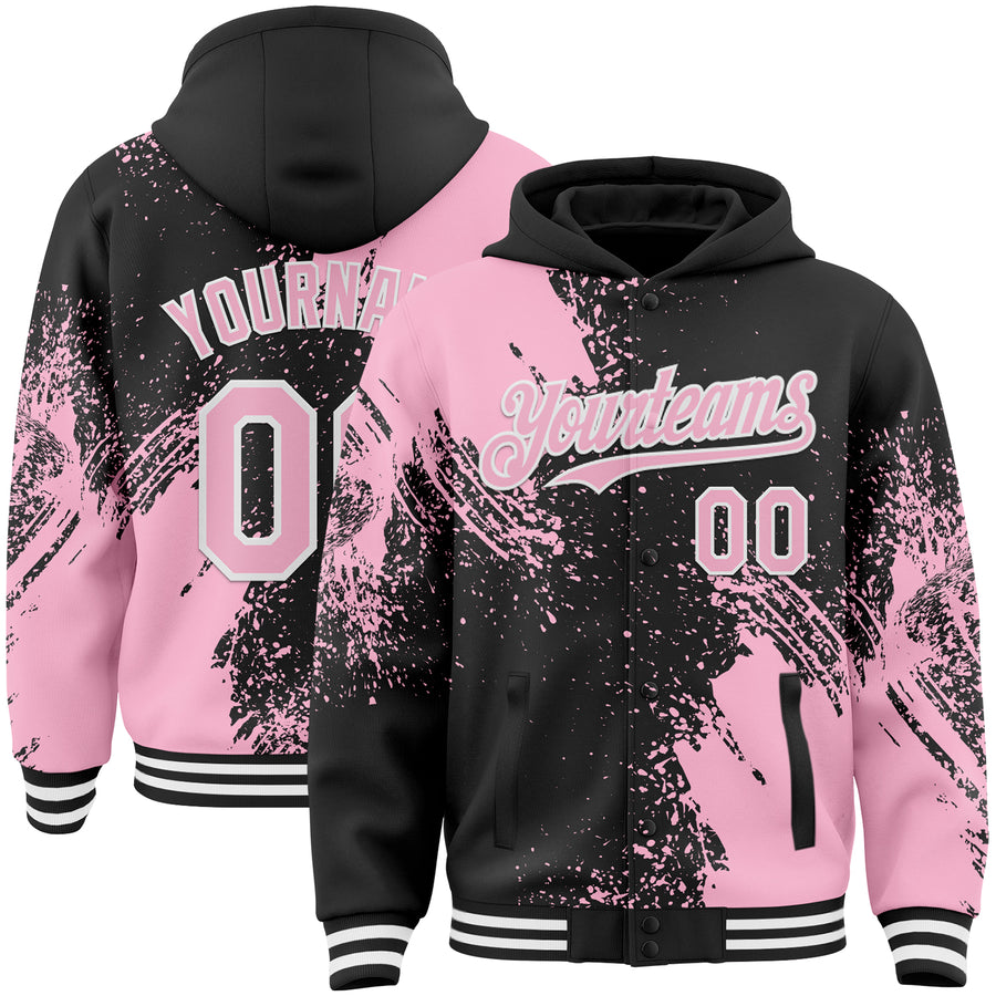 Custom Black Light Pink-White Abstract Brush Stroke 3D Pattern Design Bomber Full-Snap Varsity Letterman Hoodie Jacket