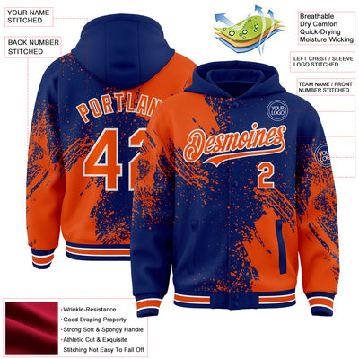 Custom Royal Orange-White Abstract Brush Stroke 3D Pattern Design Bomber Full-Snap Varsity Letterman Hoodie Jacket