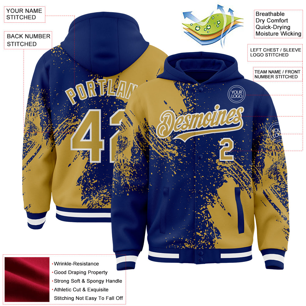 Custom Royal Old Gold-White Abstract Brush Stroke 3D Pattern Design Bomber Full-Snap Varsity Letterman Hoodie Jacket