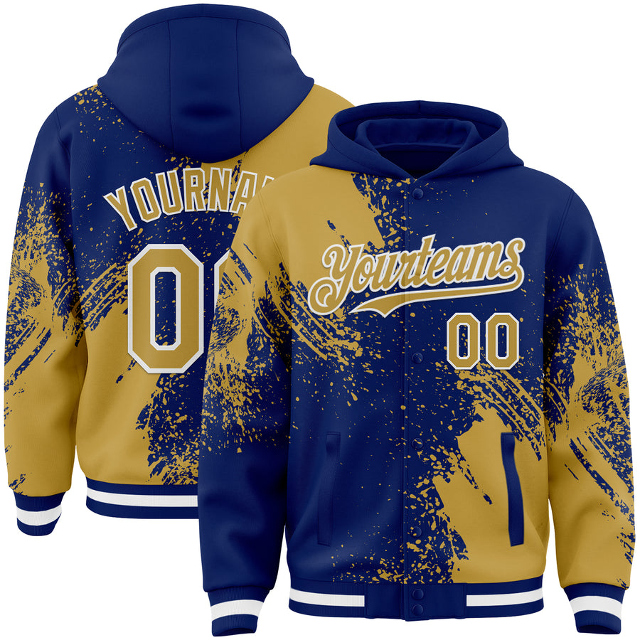 Custom Royal Old Gold-White Abstract Brush Stroke 3D Pattern Design Bomber Full-Snap Varsity Letterman Hoodie Jacket