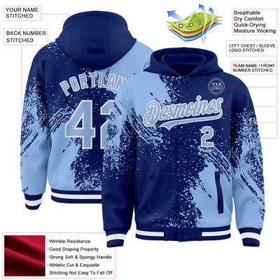 Custom Royal Light Blue-White Abstract Brush Stroke 3D Pattern Design Bomber Full-Snap Varsity Letterman Hoodie Jacket