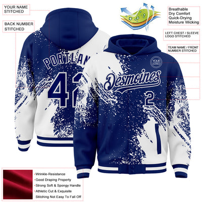 Custom Royal White Abstract Brush Stroke 3D Pattern Design Bomber Full-Snap Varsity Letterman Hoodie Jacket