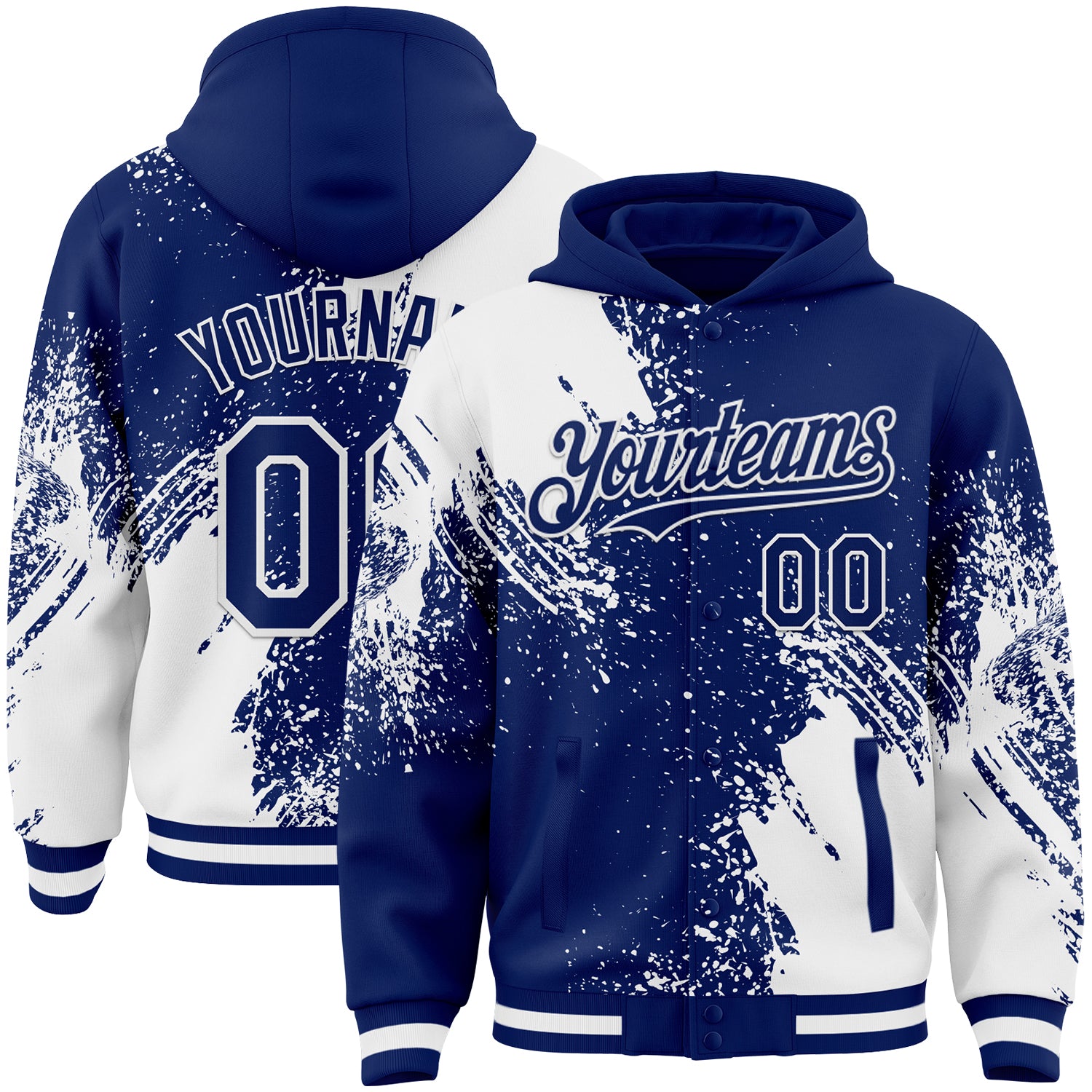 Custom Royal White Abstract Brush Stroke 3D Pattern Design Bomber Full-Snap Varsity Letterman Hoodie Jacket