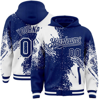 Custom Royal White Abstract Brush Stroke 3D Pattern Design Bomber Full-Snap Varsity Letterman Hoodie Jacket