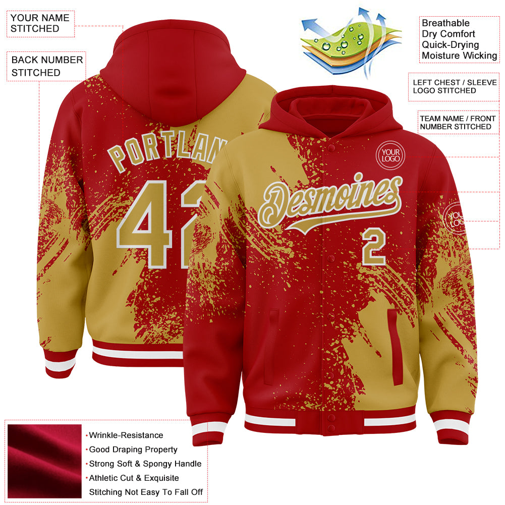 Custom Red Old Gold-White Abstract Brush Stroke 3D Pattern Design Bomber Full-Snap Varsity Letterman Hoodie Jacket