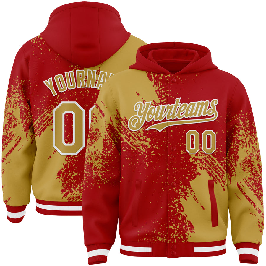 Custom Red Old Gold-White Abstract Brush Stroke 3D Pattern Design Bomber Full-Snap Varsity Letterman Hoodie Jacket