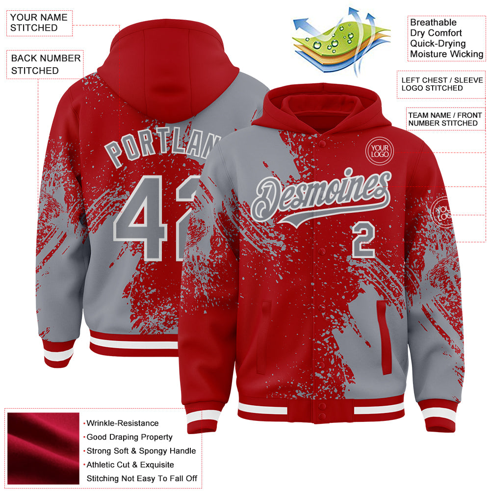 Custom Red Gray-White Abstract Brush Stroke 3D Pattern Design Bomber Full-Snap Varsity Letterman Hoodie Jacket