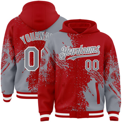 Custom Red Gray-White Abstract Brush Stroke 3D Pattern Design Bomber Full-Snap Varsity Letterman Hoodie Jacket