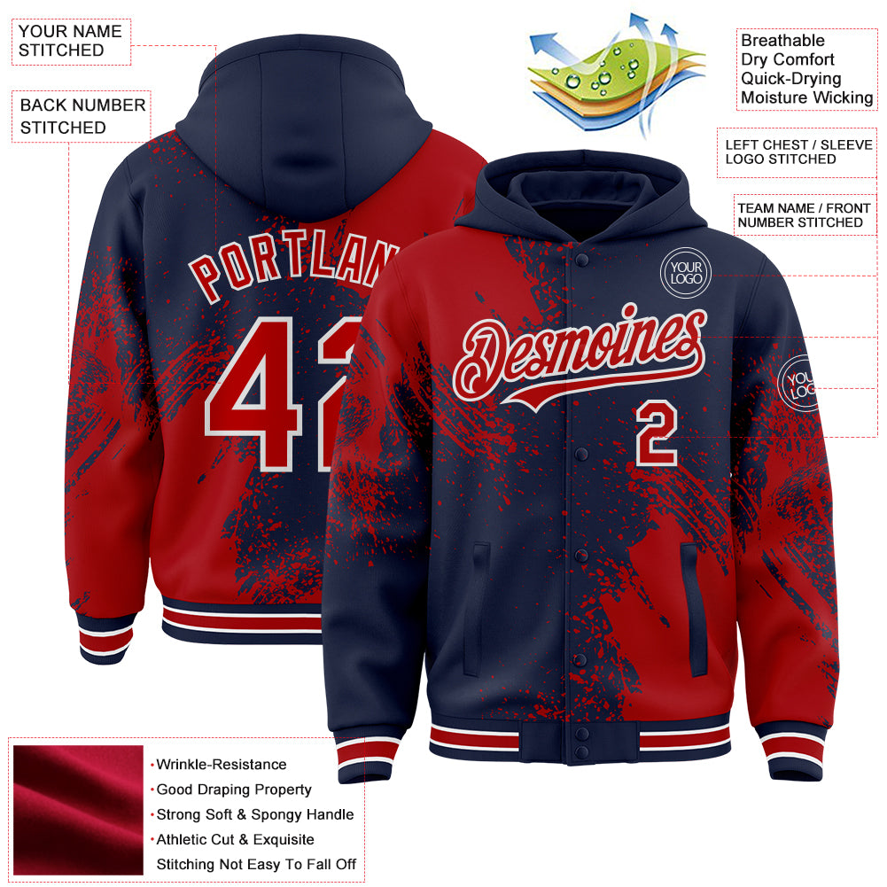 Custom Navy Red-White Abstract Brush Stroke 3D Pattern Design Bomber Full-Snap Varsity Letterman Hoodie Jacket