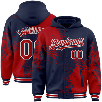 Custom Navy Red-White Abstract Brush Stroke 3D Pattern Design Bomber Full-Snap Varsity Letterman Hoodie Jacket