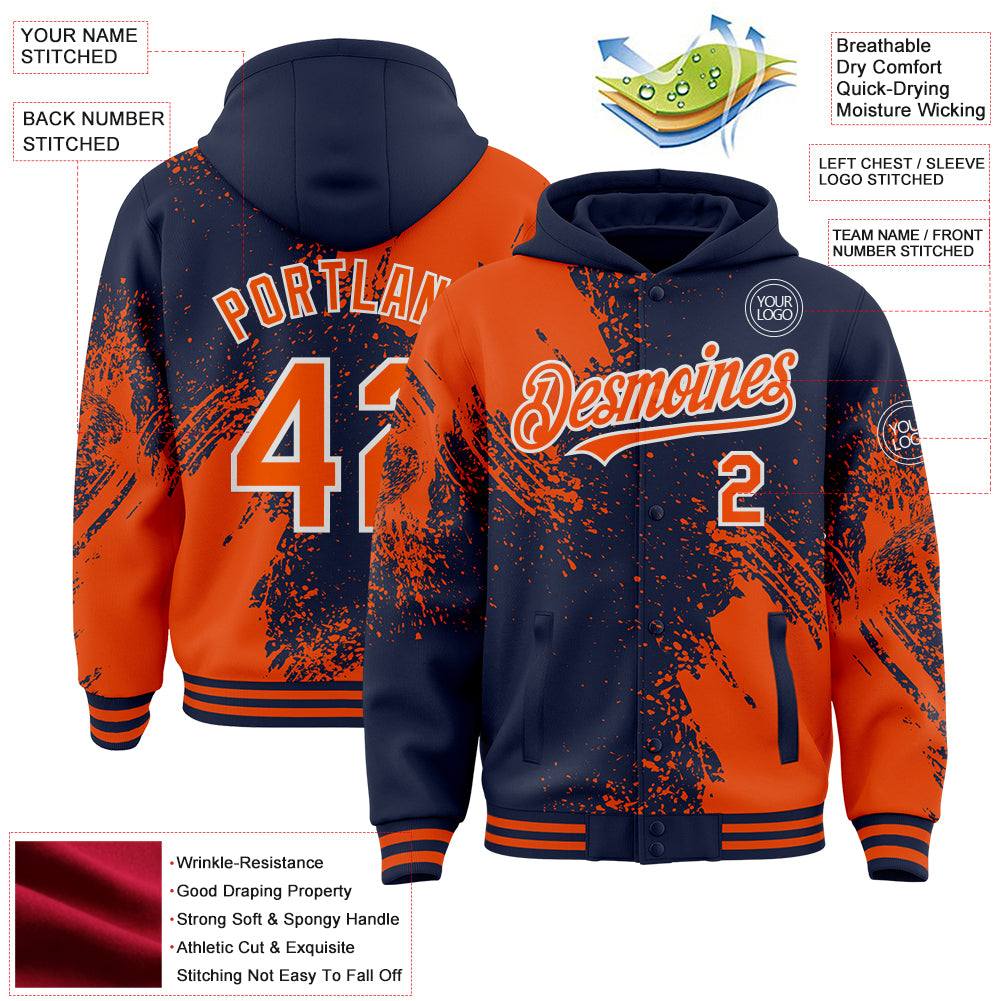 Custom Navy Orange-White Abstract Brush Stroke 3D Pattern Design Bomber Full-Snap Varsity Letterman Hoodie Jacket