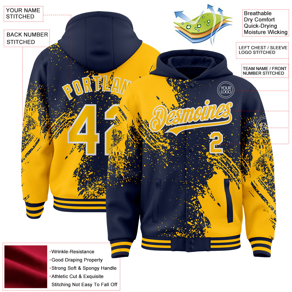 Custom Navy Gold-White Abstract Brush Stroke 3D Pattern Design Bomber Full-Snap Varsity Letterman Hoodie Jacket