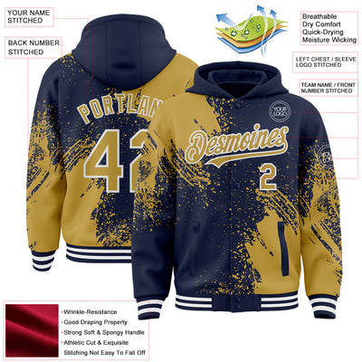 Custom Navy Old Gold-White Abstract Brush Stroke 3D Pattern Design Bomber Full-Snap Varsity Letterman Hoodie Jacket