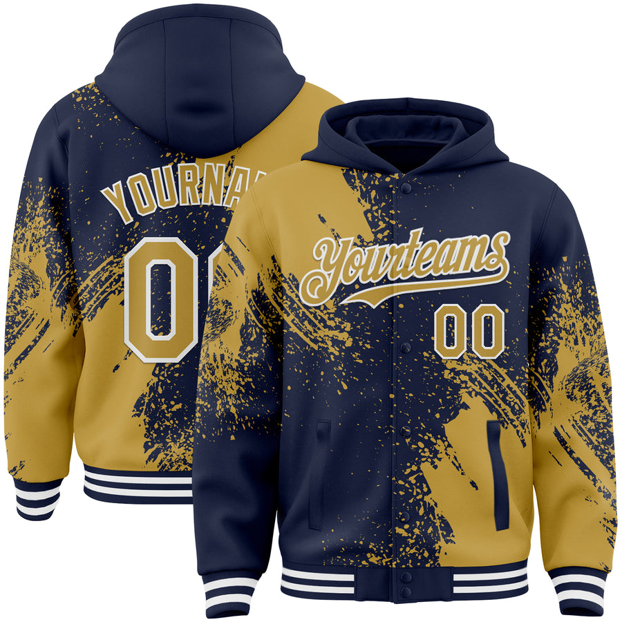 Custom Navy Old Gold-White Abstract Brush Stroke 3D Pattern Design Bomber Full-Snap Varsity Letterman Hoodie Jacket