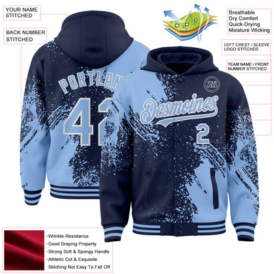 Custom Navy Light Blue-White Abstract Brush Stroke 3D Pattern Design Bomber Full-Snap Varsity Letterman Hoodie Jacket