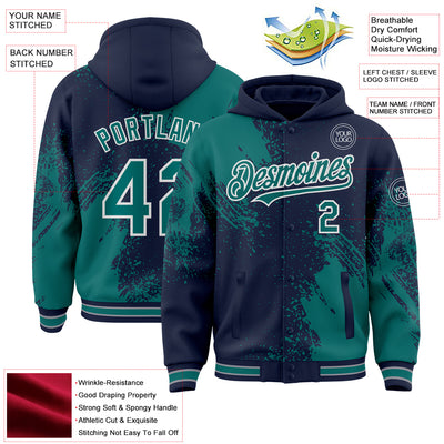 Custom Navy Teal-White Abstract Brush Stroke 3D Pattern Design Bomber Full-Snap Varsity Letterman Hoodie Jacket