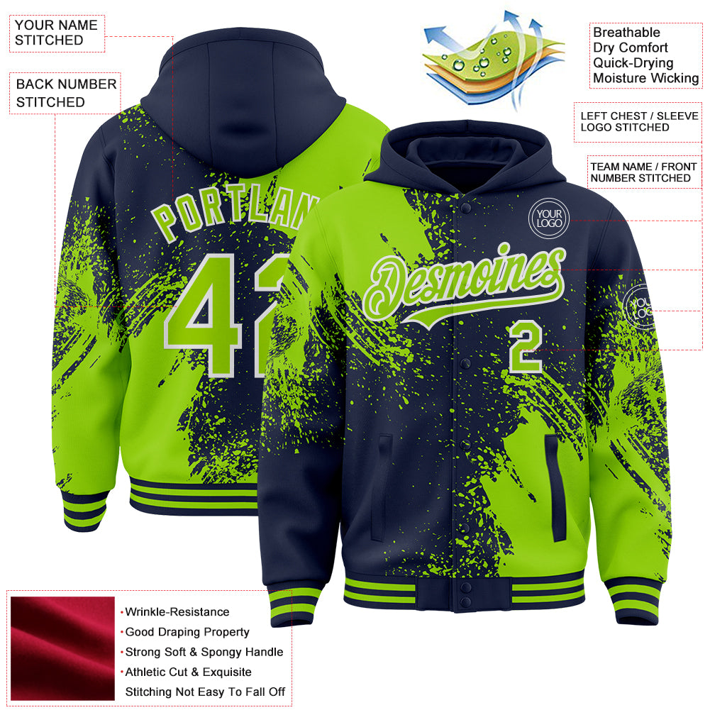 Custom Navy Neon Green-White Abstract Brush Stroke 3D Pattern Design Bomber Full-Snap Varsity Letterman Hoodie Jacket