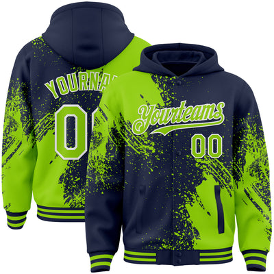 Custom Navy Neon Green-White Abstract Brush Stroke 3D Pattern Design Bomber Full-Snap Varsity Letterman Hoodie Jacket