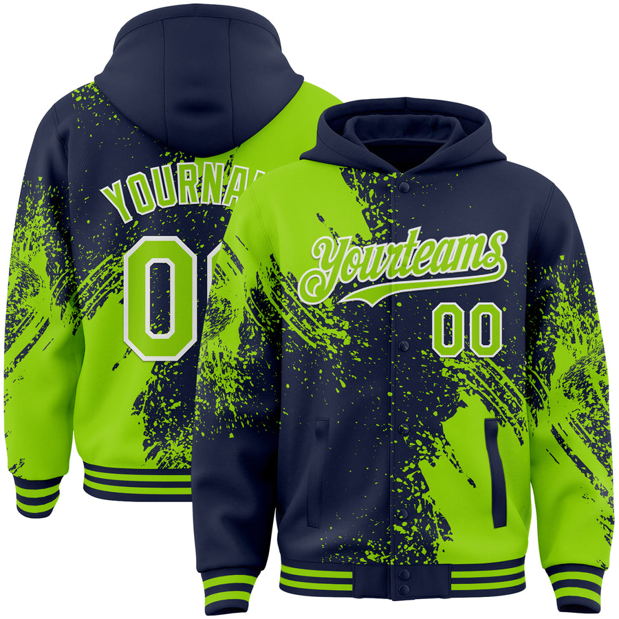 Custom Navy Neon Green-White Abstract Brush Stroke 3D Pattern Design Bomber Full-Snap Varsity Letterman Hoodie Jacket