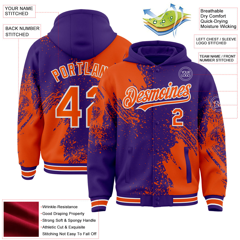 Custom Purple Orange-White Abstract Brush Stroke 3D Pattern Design Bomber Full-Snap Varsity Letterman Hoodie Jacket