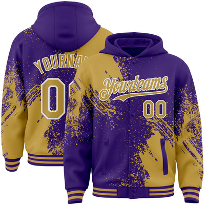Custom Purple Old Gold-White Abstract Brush Stroke 3D Pattern Design Bomber Full-Snap Varsity Letterman Hoodie Jacket