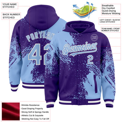 Custom Purple Light Blue-White Abstract Brush Stroke 3D Pattern Design Bomber Full-Snap Varsity Letterman Hoodie Jacket