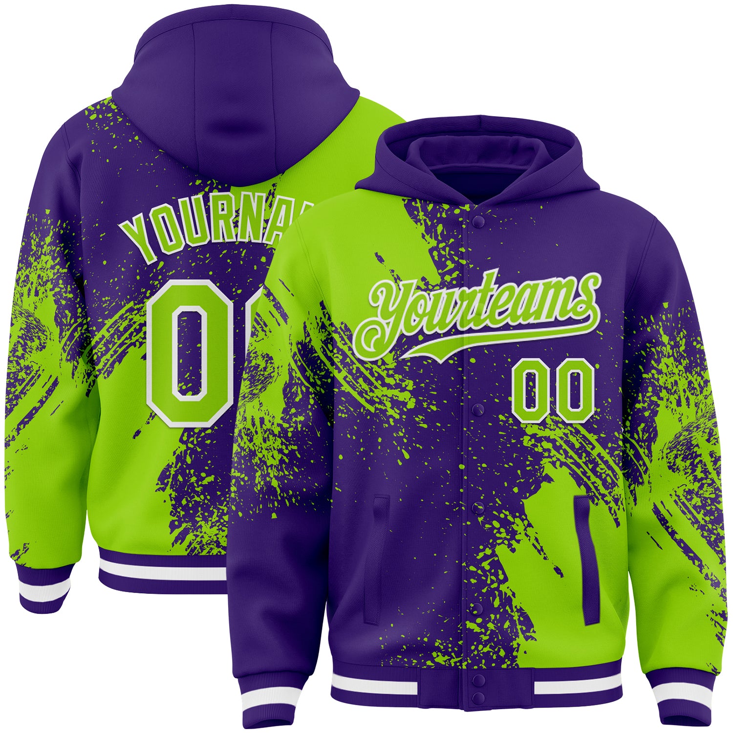 Custom Purple Neon Green-White Abstract Brush Stroke 3D Pattern Design Bomber Full-Snap Varsity Letterman Hoodie Jacket