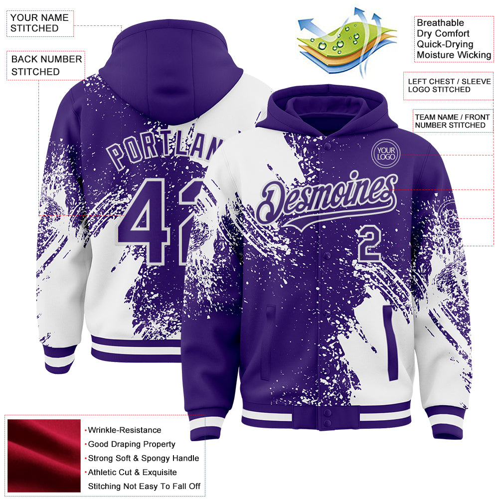 Custom Purple White Abstract Brush Stroke 3D Pattern Design Bomber Full-Snap Varsity Letterman Hoodie Jacket