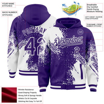 Custom Purple White Abstract Brush Stroke 3D Pattern Design Bomber Full-Snap Varsity Letterman Hoodie Jacket