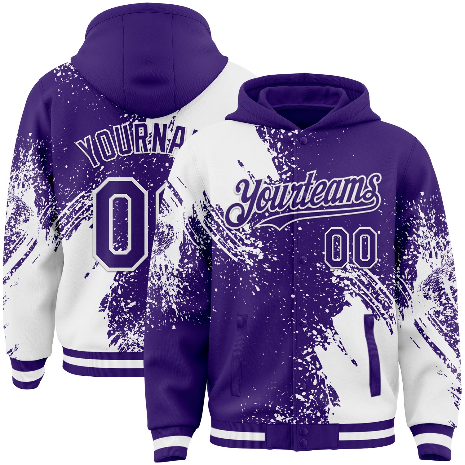 Custom Purple White Abstract Brush Stroke 3D Pattern Design Bomber Full-Snap Varsity Letterman Hoodie Jacket