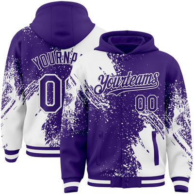 Custom Purple White Abstract Brush Stroke 3D Pattern Design Bomber Full-Snap Varsity Letterman Hoodie Jacket