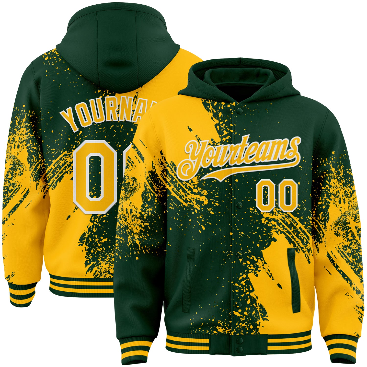 Custom Green Gold-White Abstract Brush Stroke 3D Pattern Design Bomber Full-Snap Varsity Letterman Hoodie Jacket