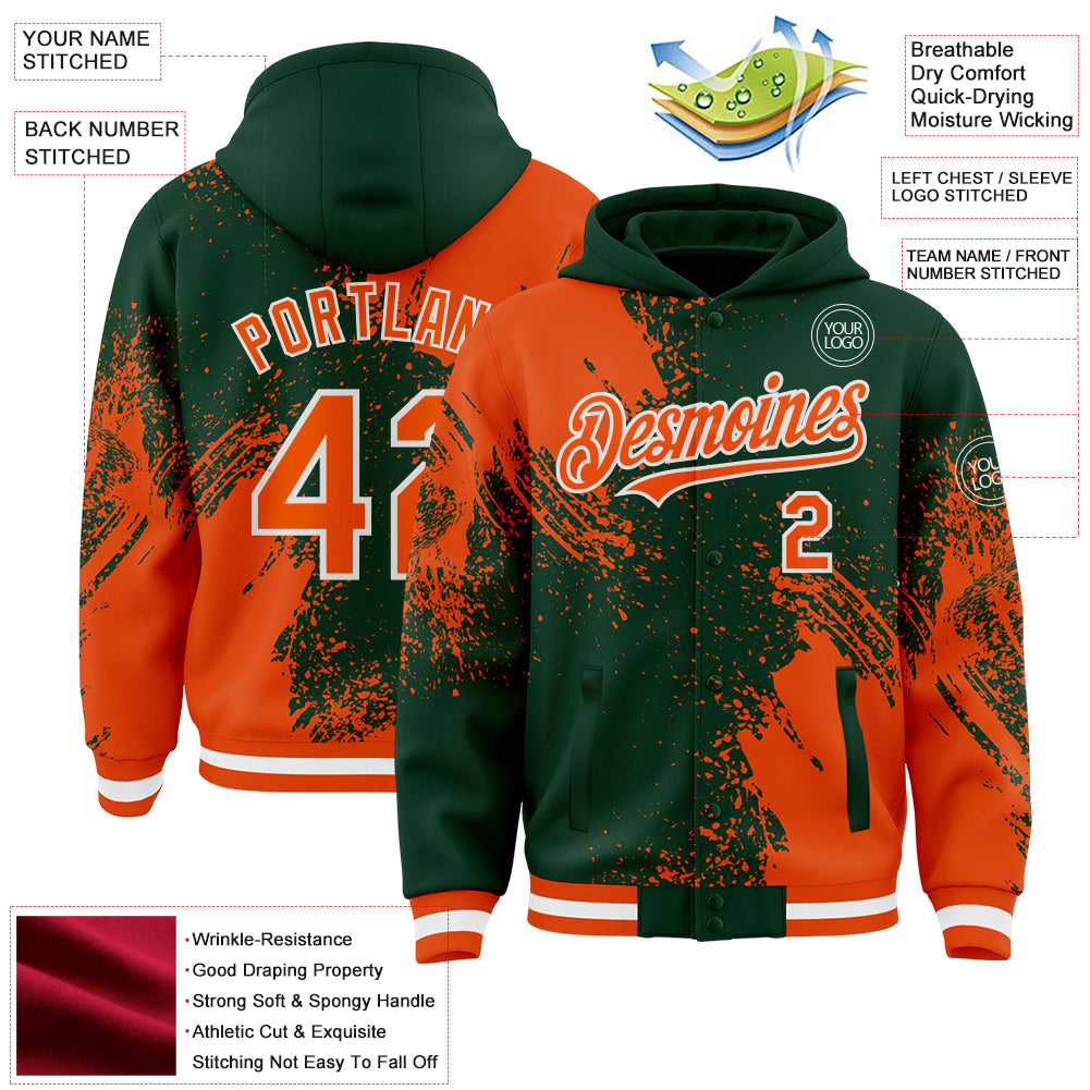 Custom Green Orange-White Abstract Brush Stroke 3D Pattern Design Bomber Full-Snap Varsity Letterman Hoodie Jacket