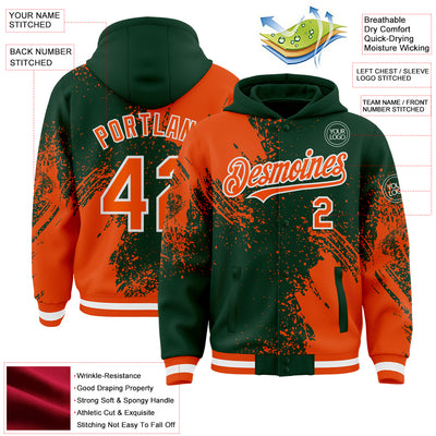 Custom Green Orange-White Abstract Brush Stroke 3D Pattern Design Bomber Full-Snap Varsity Letterman Hoodie Jacket